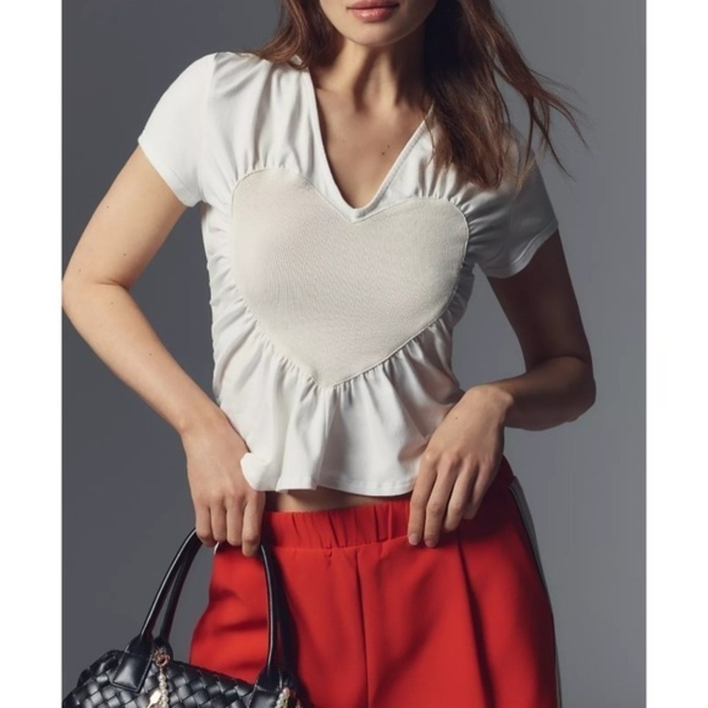 Maeve Heart Ribbed V-Neck‎ Tee Womens XS White Short Sleeve Ruched Anthropologie